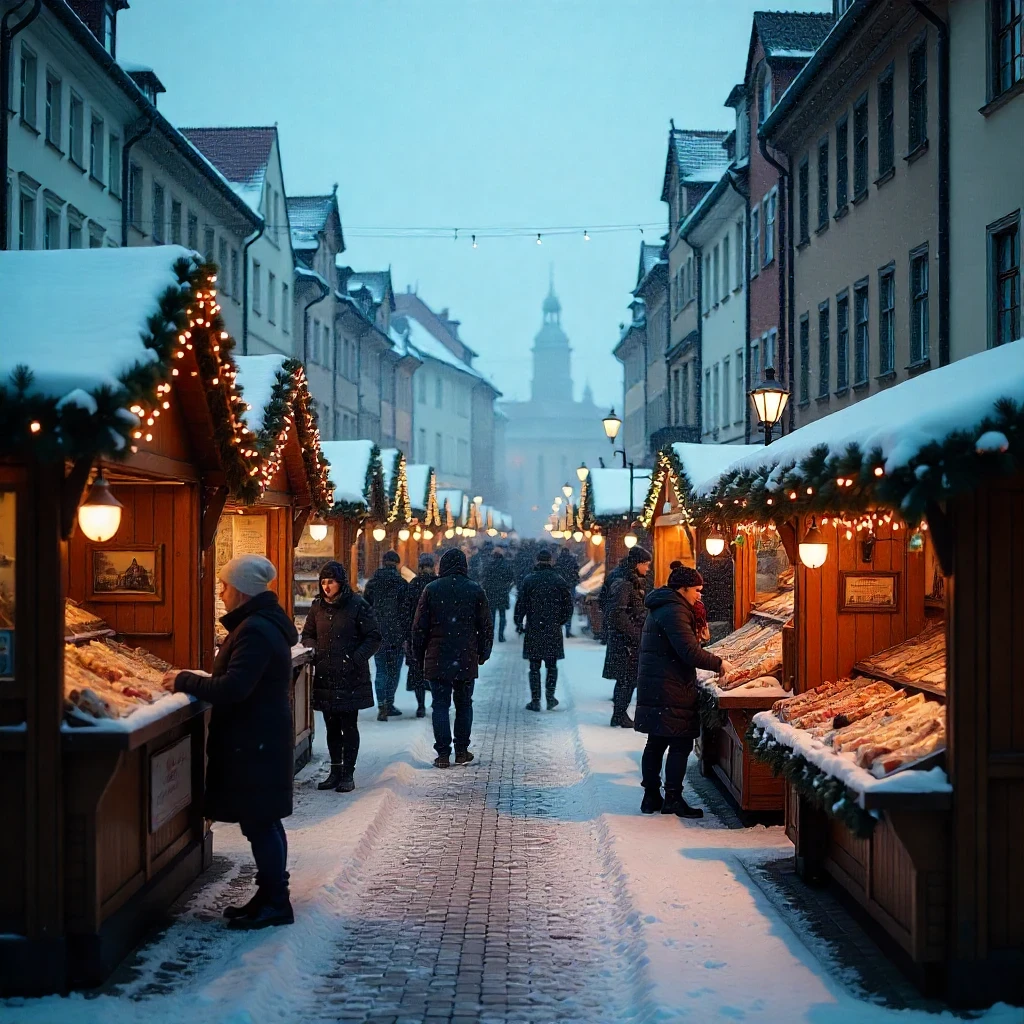 Weihnachtsmarkt in einer verschneiten historischen Altstadtstra&szlig;e mit beleuchteten Holzbuden, warmen Laternen und schemenhaften Besuchern, die zwischen den St&auml;nden flanieren, w&auml;hrend im Hintergrund ein Kirchturm in der Abendd&auml;mmerung zu sehen ist.