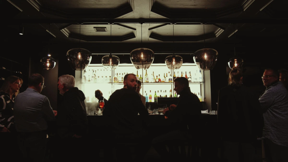 Blick auf eine dunkel beleuchtete Bar mit Silhouetten von G&auml;sten an der Theke, im Hintergrund eine beleuchtete Regalwand mit verschiedenen Spirituosenflaschen und atmosph&auml;rischen H&auml;ngelampen.