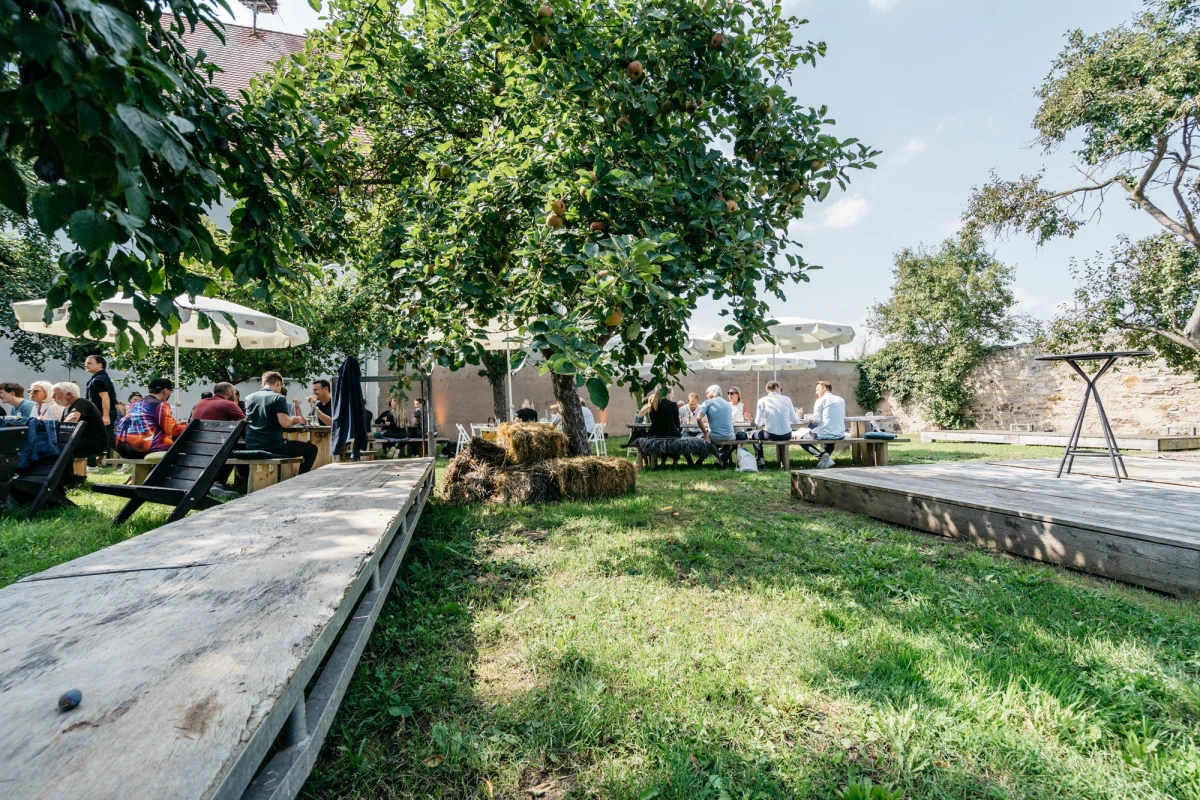 Gem&uuml;tliche Obstwiese mit G&auml;sten, B&auml;umen und Sonnenschirmen.