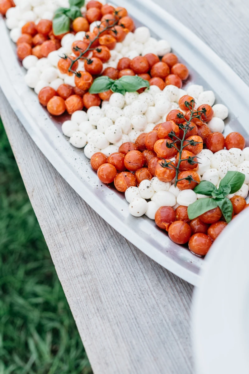 Wei&szlig;e Platte mit frischen Tomaten und Mozzarella, angeordnet in einer Reihe mit gr&uuml;nem Basilikum und Tomatenranken auf einem Holzbrett mit Gras im Hintergrund.