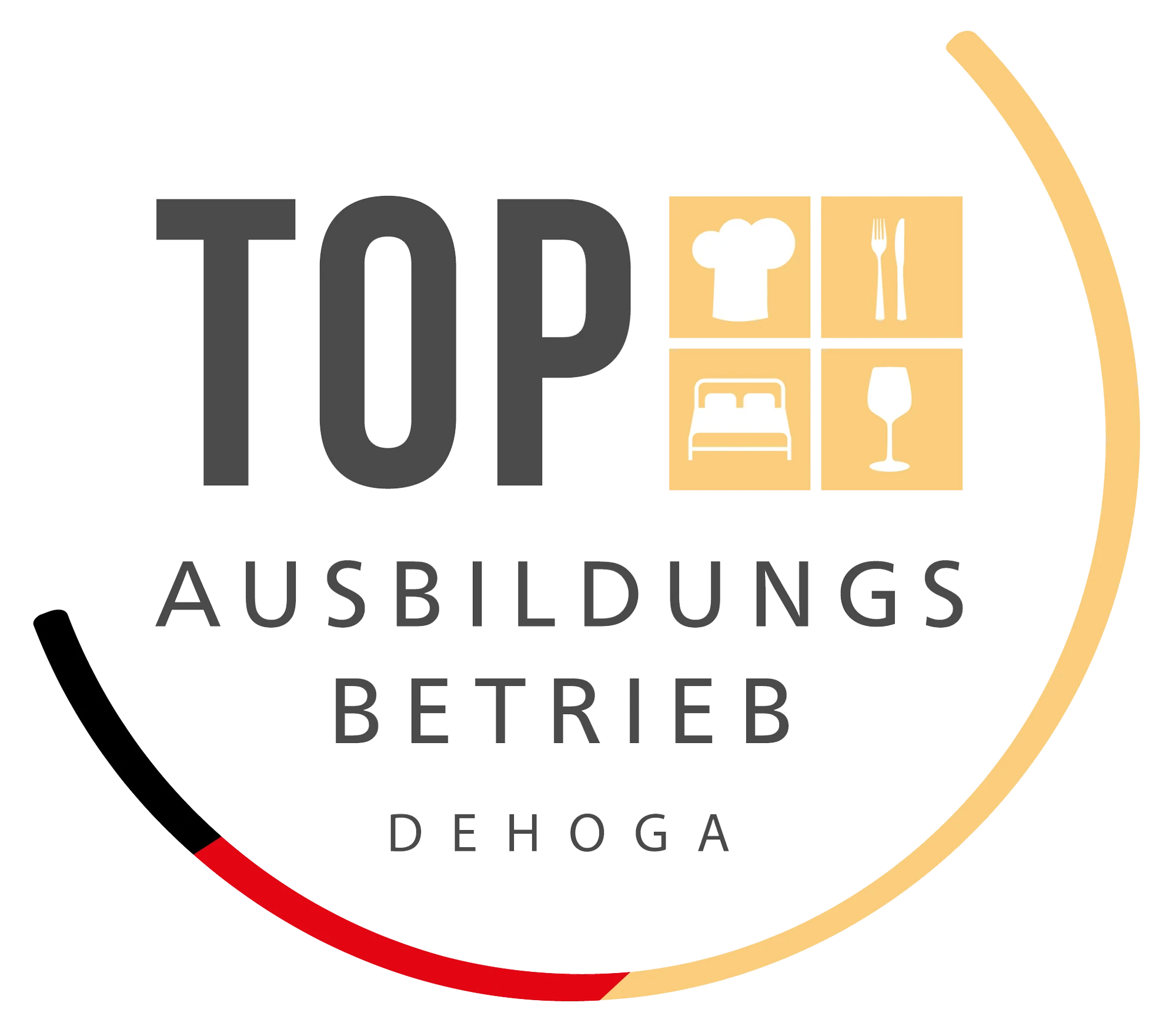 Top Ausbildungsbetrieb DEHOGA-Logo mit grauen und gelbenIcons f&uuml;r Kochen, Bett und Glas, symbolisch f&uuml;r einen hervorragenden Ausbildungsbetrieb in der Hotel- und Gastst&auml;ttenbranche.