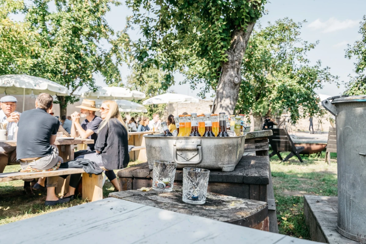 Biergl&auml;ser stehen auf einem Steinpult in einem Biergarten mit B&auml;umen und sitzenden Personen an Holztischen im Hintergrund. Eine sommerliche Atmosph&auml;re bei einem Treffen im Freien.