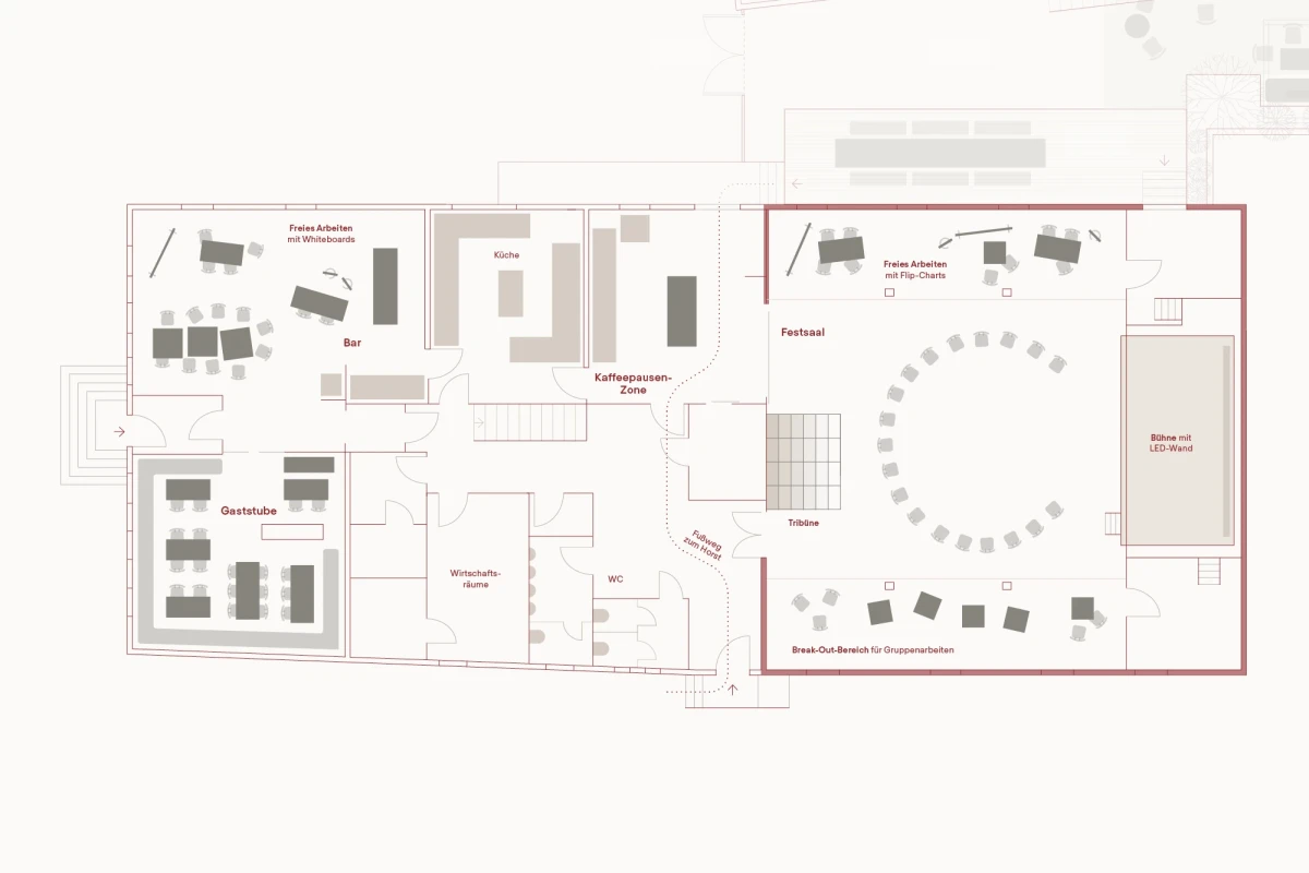 Grundriss eines Hotels mit verschiedenen R&auml;umlichkeiten, Fluren und einem markanten, kreisf&ouml;rmigen Saalbereich im rechten Teil des Plans. Der Grundriss zeigt verschiedene Funktionsbereiche und Raumaufteilungen in einem klaren, grafischen Layout mit grauen und wei&szlig;en Fl&auml;chen.