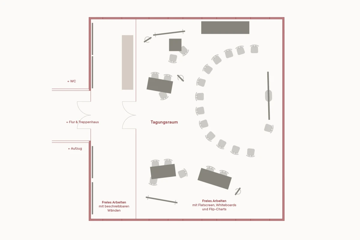 Grundrissplan einer Bergh&uuml;tte mit verschiedenen rechteckigen R&auml;umen und einem zentralen Bereich. Pfeile und gestrichelte Linien deuten auf Bewegungsrichtungen und Raumverbindungen hin. Der Plan ist in einem dezenten Grau- und Rott&ouml;nen gehalten.