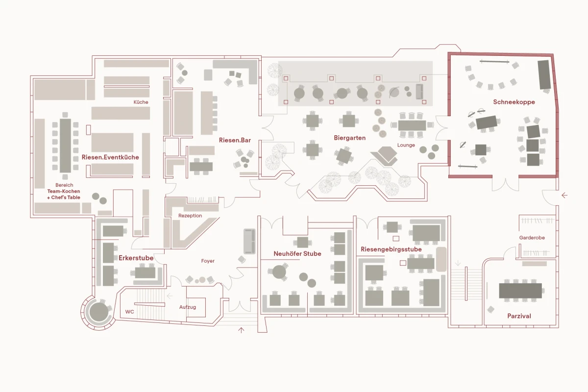 Grundriss eines Hotels mit verschiedenen Bereichen wie Rezeption, B&uuml;ro, R&auml;umen, Biergarten und Schankraum, gezeichnet in einem minimalistischen, zweifarbigen Grafikstil mit r&auml;umlicher Anordnung der Funktionsbereiche.