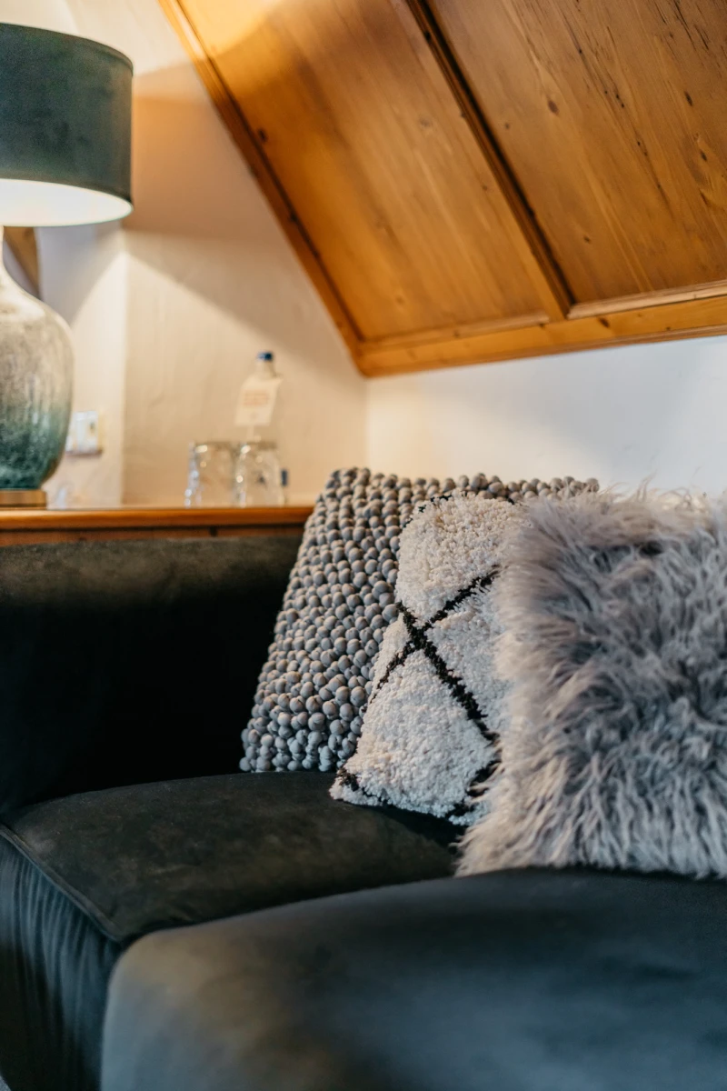 Gem&uuml;tliche Ecke eines Hotelzimmers mit einem dunklen Sofa, auf dem verschiedene Kissen in Grau- und Strukturt&ouml;nen liegen. Eine Deckenlampe und Holzvert&auml;felung sorgen f&uuml;r eine warme, einladende Atmosph&auml;re.